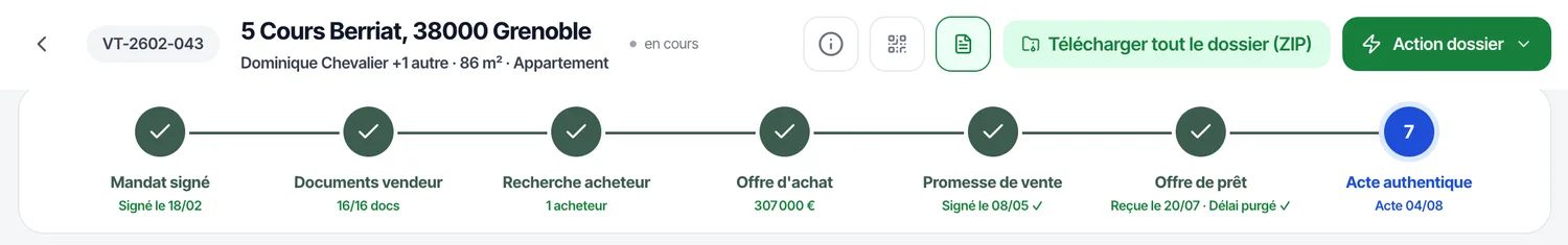 Dossier 5 Cours Berriat à Grenoble : les 7 phases de la vente franchies, du mandat signé le 18/02 à l'acte authentique prévu le 04/08